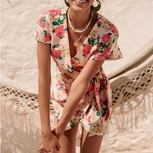 Sezane Mini Wrap Dress, size small, cream with pink & yellow flowers.